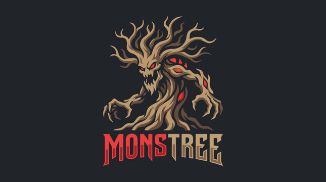 An imposing figure of a monstrous tree with gnarled branches and glowing eyes, representing the blend of nature's beauty and fearsome power in a dark fantasy style.