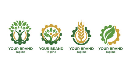 A collection of logos featuring leaves and gears, reflecting sustainability and eco-friendliness, perfect for brands in agriculture, environmental services, or health-food sectors. © Suling