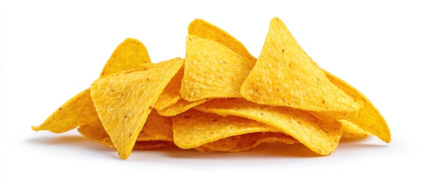 Crispy golden yellow tortilla chips on white perfect for gatherings and snack trays