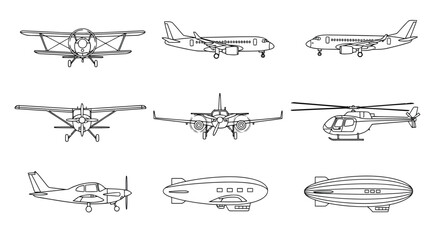 Set of various aircraft icons including airplanes, helicopter, and airships in outline style © S.Siam