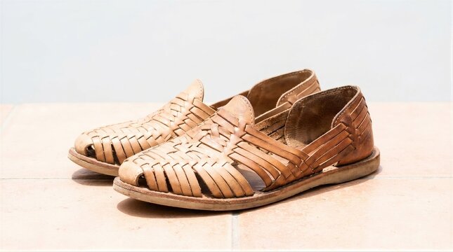 Traditional Mexican huarache sandals made of woven leather for Cinco de Mayo celebration. Authentic handcrafted footwear from Mexico. Cultural fashion accessory on tiled background.
