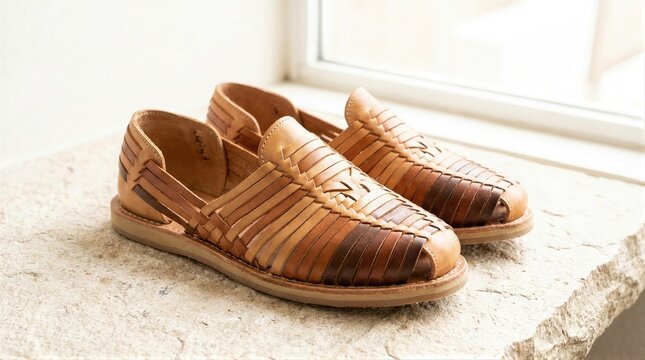 Mexican leather huaraches shoes on stone surface. Traditional handmade artisan footwear for Cinco de Mayo celebration. Authentic summer woven leather sandals with rustic design style.