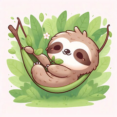 Naklejka premium A kawaii scene of a sloth in a hammock, Ai generated image