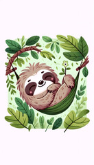 Naklejka premium A kawaii scene of a sloth in a hammock, Ai generated image