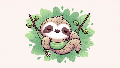 Obraz premium A kawaii scene of a sloth in a hammock, Ai generated image