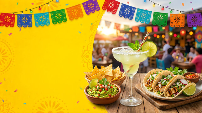 Tacos and margarita with paper flags for festive food celebration
