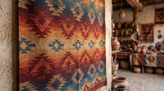 Traditional Mexican rug with geometric pattern hanging on adobe wall. Authentic folk tapestry decor inside rustic interior with ceramic pottery. Cultural symbol for Cinco de mayo celebration.