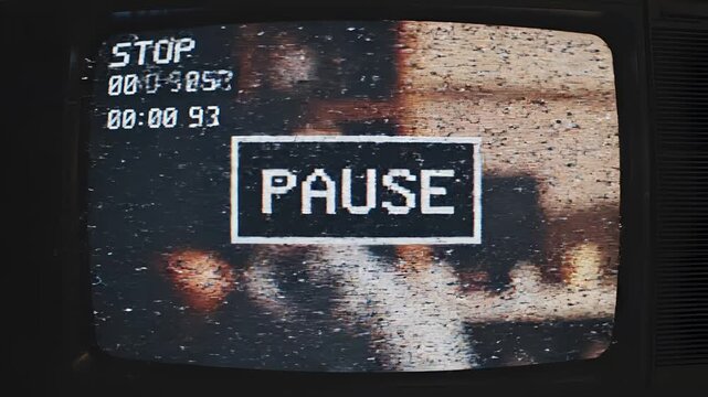 Vintage VHS Glitch Screen Static Noise and Playback Controls.