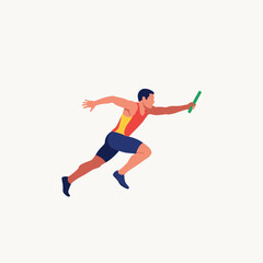 Obraz premium Vector illustration of a male athlete running in a relay race, holding a green baton, wearing a red and yellow jersey and blue shorts, depicted in a flat style on white background.