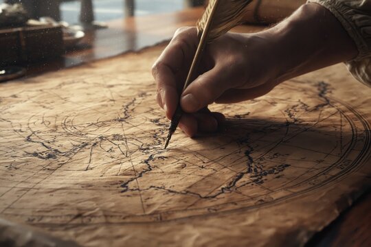 Close-up of a hand using a quill to draw a complex natal chart on an aged parchment scroll