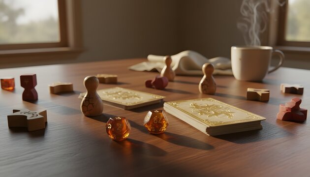 Board game components on a wooden table for a playful relaxation and domestic lifestyle concept with polyhedral dice and cards in a cozy home setting