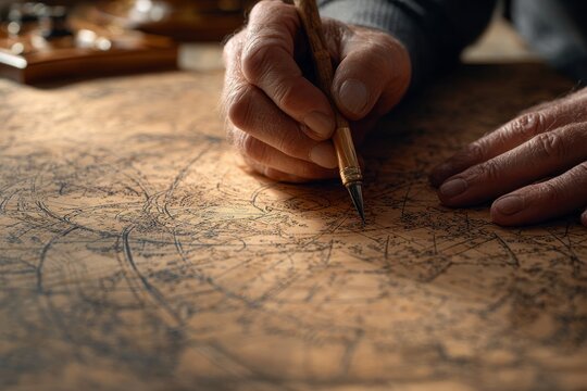Close-up of a hand using a quill to draw a complex natal chart on an aged parchment scroll