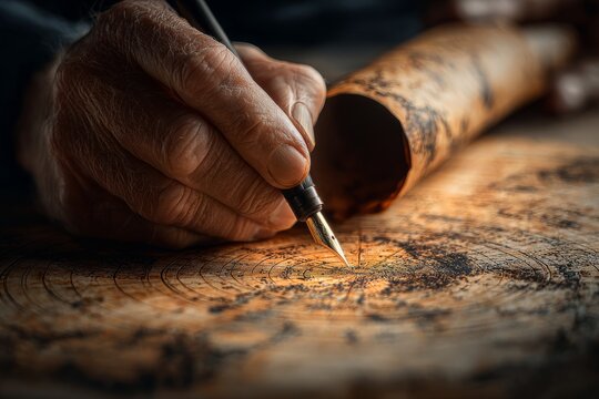 Close-up of a hand using a quill to draw a complex natal chart on an aged parchment scroll