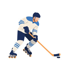 Fototapeta premium Vector illustration of an inline roller hockey player in a white and blue uniform, helmet, and gloves, skating while handling a puck with a hockey stick on a white background.