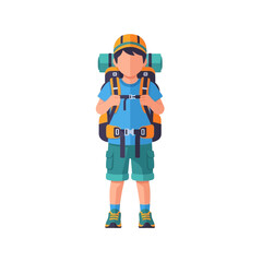 Fototapeta premium Vector illustration of a young male hiker wearing a blue shirt and green cargo shorts, carrying a large orange trekking backpack with a bedroll, isolated on a white background.
