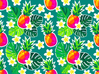 Vibrant Tropical Seamless Pattern with Geometric Pineapples, Monstera Leaves, and Plumeria Flowers on Teal Background © Desti
