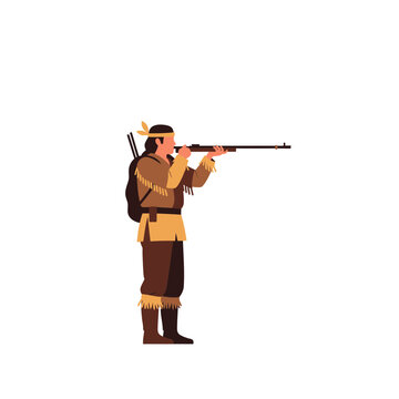 Illustration of a Native American man dressed in traditional fringed buckskin attire holding a rifle in a firing position, isolated on a white background for design projects.