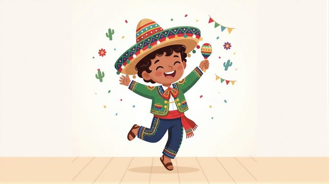 Cute kid wearing traditional mexican clothes and sombrero dancing with maraca. Happy little boy celebrating holiday. Cartoon illustration of festive mexico party, cinco de mayo concept.