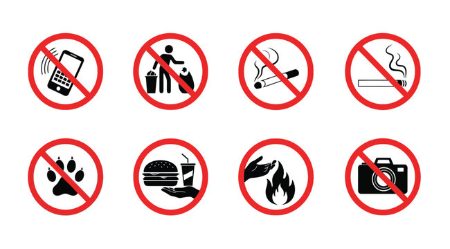 Collection of prohibition signs, no entry symbols, and restricted activity icons