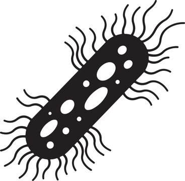Detailed black silhouette of a rod-shaped bacterium with flagella, representing microbiology, science, and the study of microorganisms and disease.