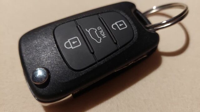 Macro close-up of a black car key fob with lock and trunk buttons