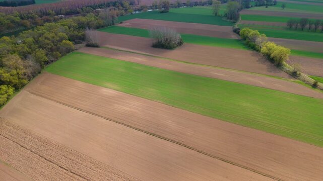 aerial farmland patchwork landscape for agriculture background with colorful fields and cultivated land patterns