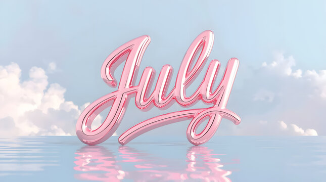 Shiny pink 'July' lettering reflects on a rippled water-like surface under a summer sky.