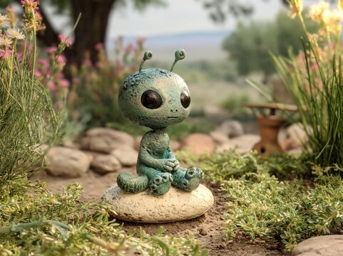 Cute alien sitting in green garden with flowers