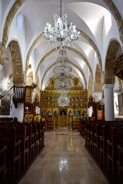 Interior of Timios Stavros Monastery with Ornate Iconostasis in Omodos, Cyprus