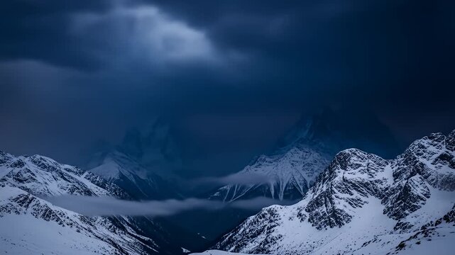 Snowy mountain range valley view under a stormy sky with a bit of light shining through