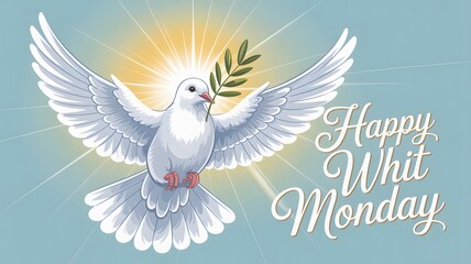 White dove carrying olive branch in beak against bright sunburst and text Happy Whit Monday.