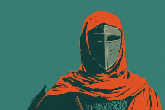 Illustration of a medieval warrior, wearing a helmet and hooded cloak, against a teal backdrop