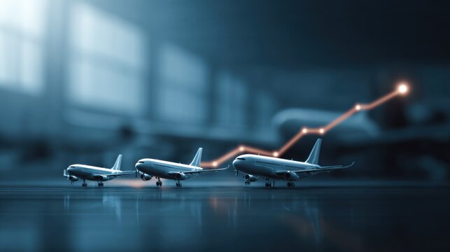 An increasing line graph overlaid on three toy airplanes. It symbolizes the growth and success of the airline industry