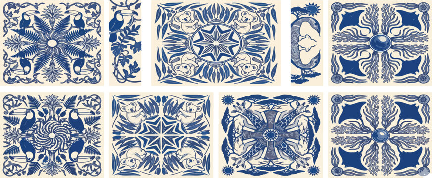 Summer bandana square print, hand drawn coastal tropical pattern tile blue vintage exotic fabric. Ornamental mosaic patchwork handkerchief design sun symbol. Abstract fashion summer bandana background