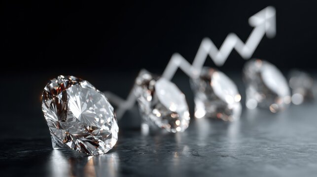 Diamonds and increasing arrow symbolizing growth and value. Close-up, the diamonds shine against a dark background, reflecting light beautifully. The arrow, indicating an upward trend.