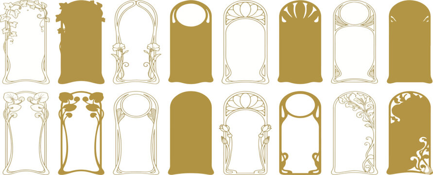 Gothic window frame set, hand drawn medieval arch border collection, cathedral portal silhouette. Fantasy vintage castle doorway, ancient palace ornamental doodle illustration. Gothic window design
