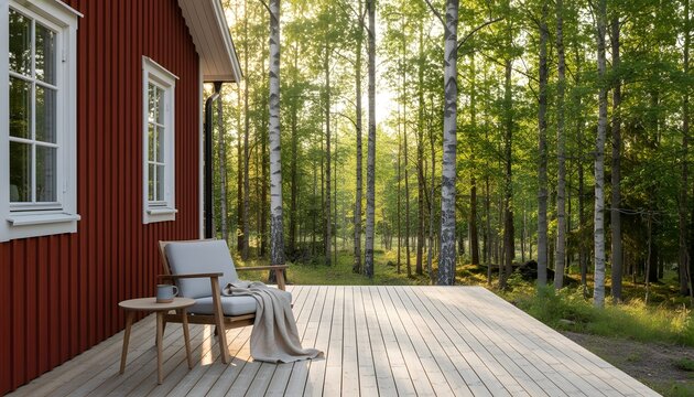 Traditional red house in Sweden featuring wooden deck architecture for a summer leisure and dacha arrangement concept with cozy furniture near a birch forest at sunset