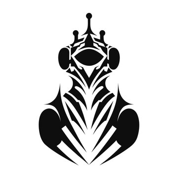 Tribal alien warrior mask vector, black and white sci-fi creature silhouette, futuristic insectoid monster head icon for gaming and tattoo design