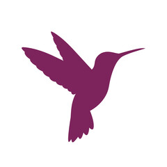 Obraz premium Solid purple hummingbird silhouette in flight with spread wings and long beak, isolated on a plain white background. Minimalist flat design vector illustration of a small bird.