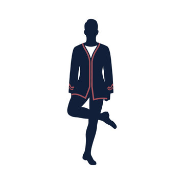 Silhouette of a male Irish step dancer in a traditional costume featuring a dark navy blue jacket with red trim, captured in a classic dancing pose isolated on a white background.