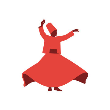 Minimalist illustration of a red Sufi whirling dervish in a tall conical hat performing a Sema dance ceremony, isolated on a white background for spiritual and cultural concepts.