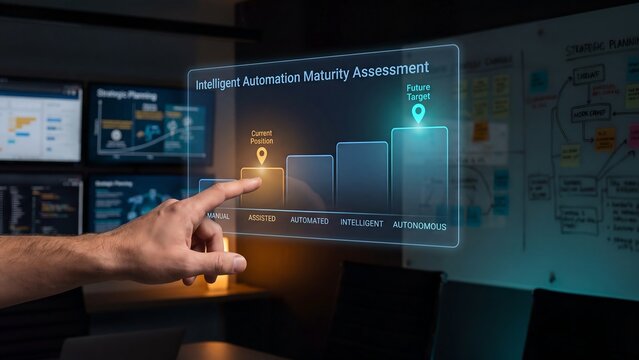 Business professional engages with an advanced transparent display, analyzing data for strategic automation maturity assessment and future technology implementation planning