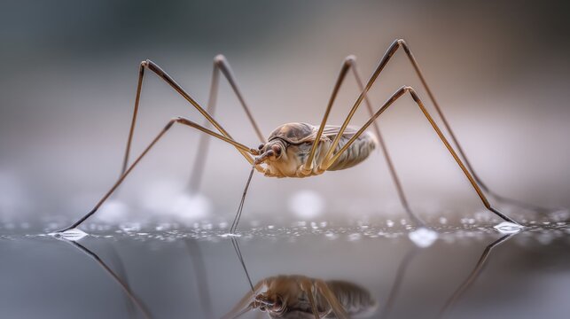 A delicate water strider insect with long legs gliding gracefully across a calm, reflective pond surface with water droplets, showcasing its unique aquatic adaptation and detailed form.