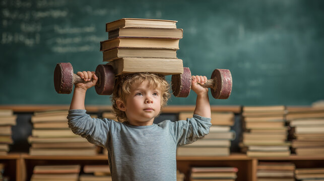 A small child lifts a stack of heavy books like dumbbells, pretending to be a bodybuilder in class - funny and inspiring.
