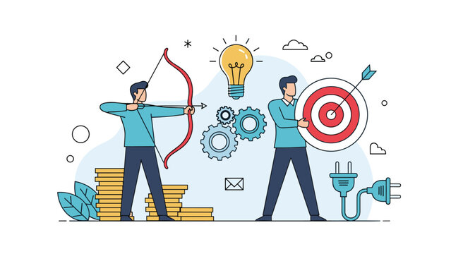 Strategic business planning concept features professionals aiming a bow and arrow at a target near gear wheels and a bright idea lightbulb icon.