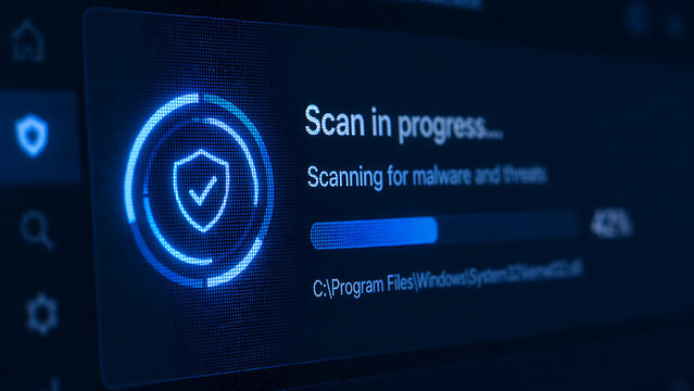 Antivirus software scanning interface showing progress bar and malware detection process on computer screen for system cleaning and safety