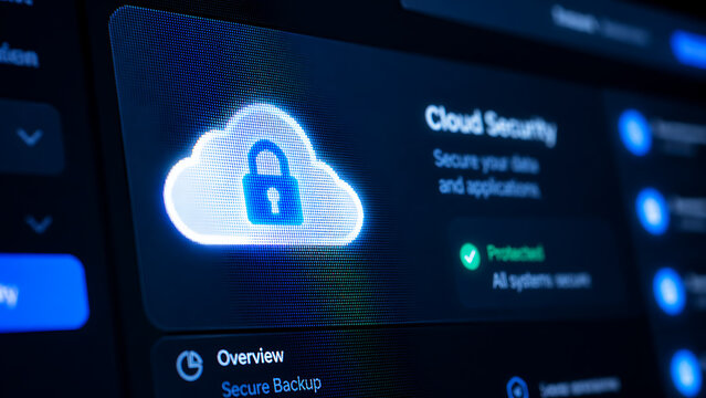 Cloud security interface with locked icon and protection status ensuring safe data backup and application storage on remote server