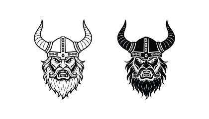 Viking warrior head icon set with horned helmet and angry expression in flat black and white vector illustration style © Dhaka