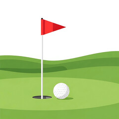 Obraz premium Golf ball next to a hole with a red flag on a green grass golf course