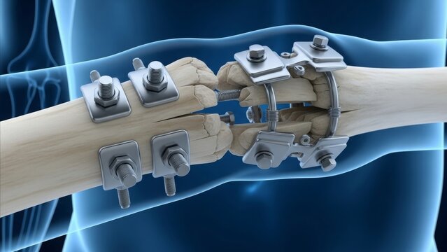 Medical - 3D Illustration of External Fixator Device Stabilizing a Fractured Long Bone with Metal Screws and Clamps